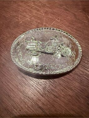 Vintage Motorcycle Biker Oval Belt Buckle Silver Tone Ornate Filigree